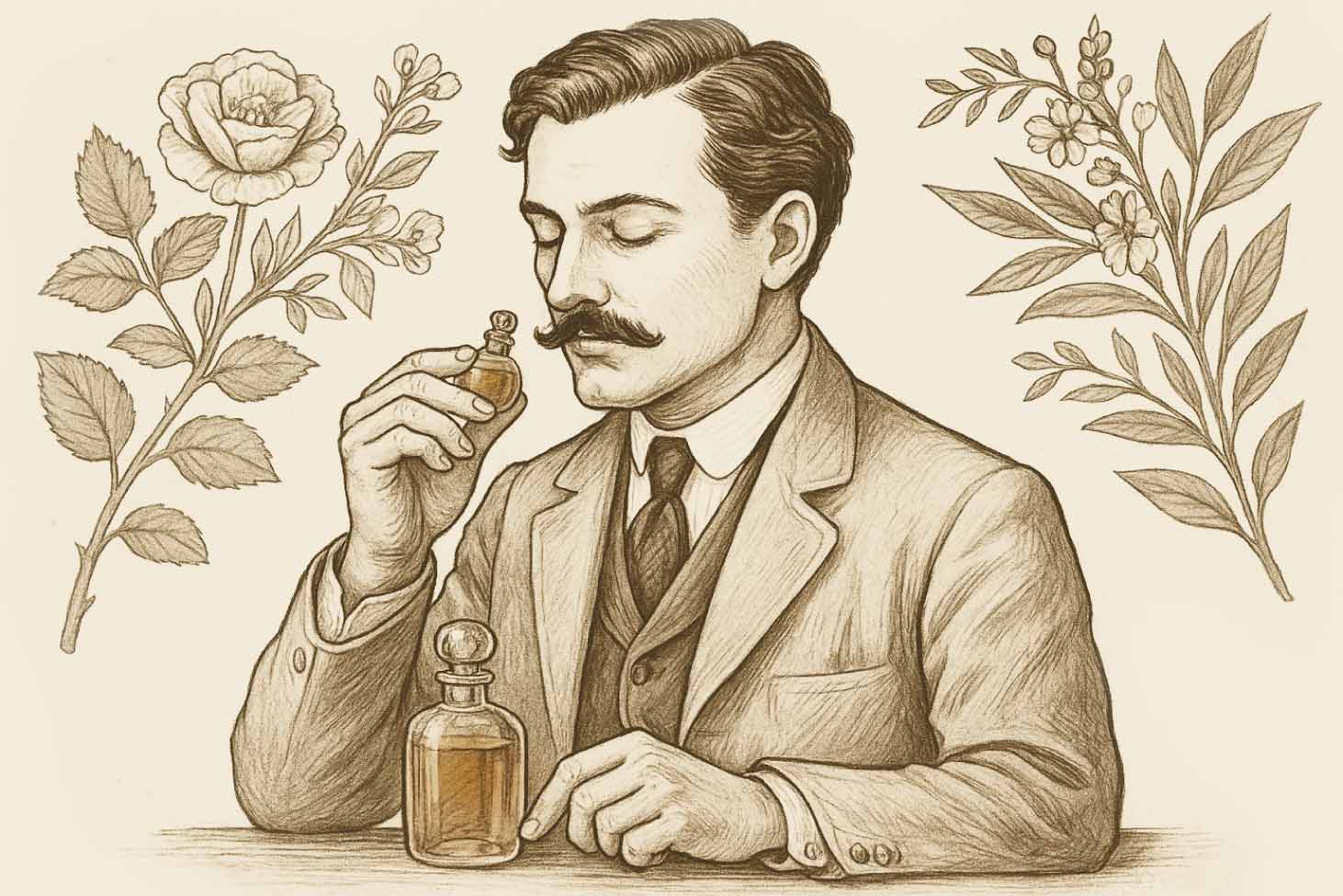 Perfumer with bottle and flowers